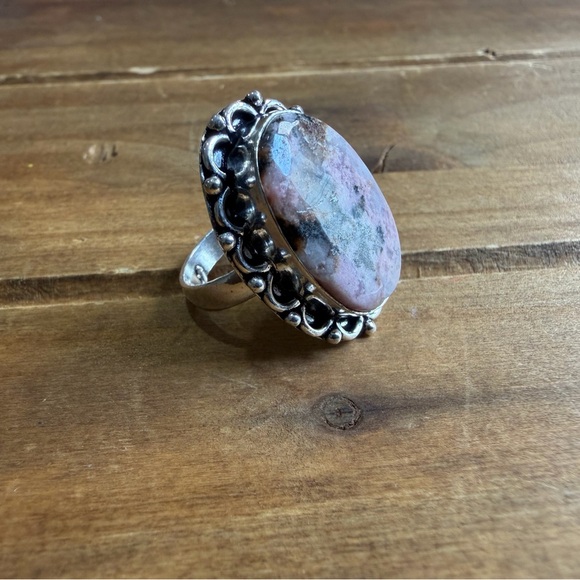 Vintage Style Genuine Dendritic Rhodonite Size Ring 6.5 Silver 925 Plated Boho - Picture 3 of 4